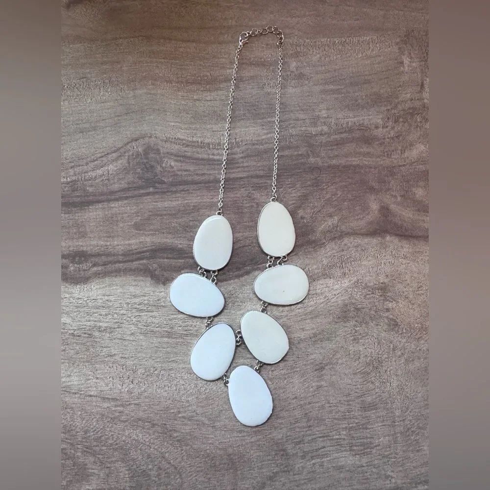 White Egg Shape Bib Enamel Necklace Silver Tone Fashion Jewelry